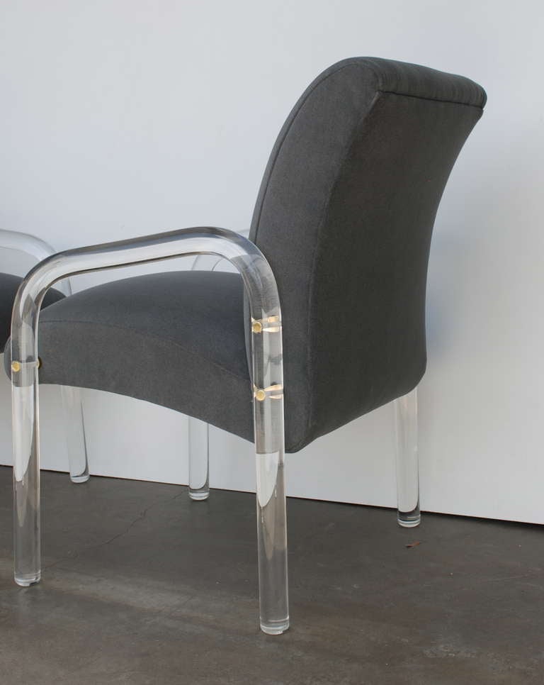 American Set of Four 1970s Lucite and Grey Mohair Dining Chairs with Brass caps
