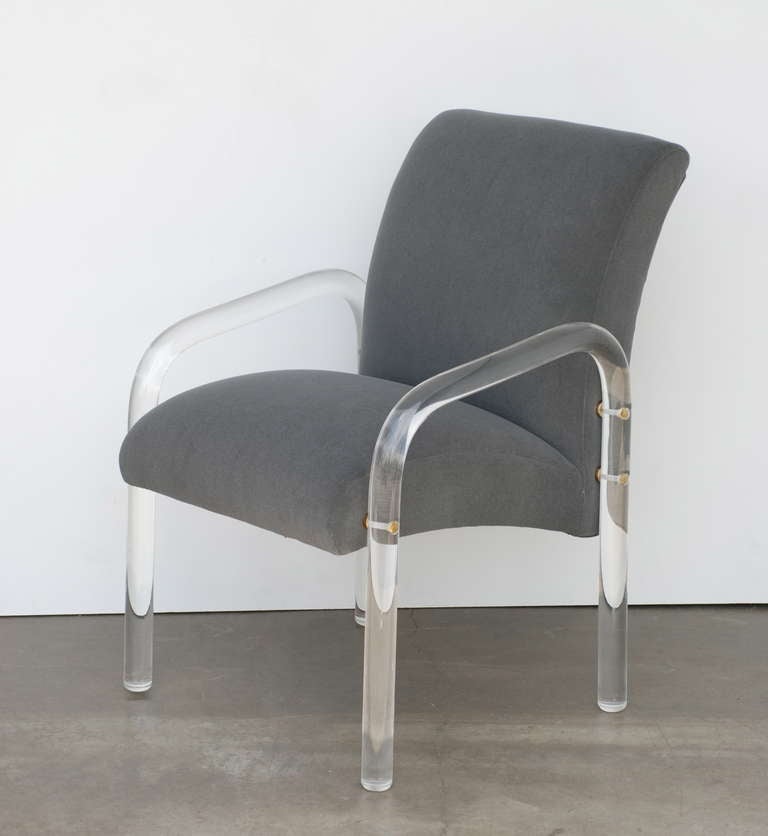 Set of Four 1970s Lucite and Grey Mohair Dining Chairs with Brass caps In Excellent Condition In Palm Springs, CA