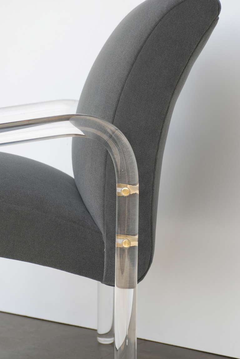 Late 20th Century Set of Four 1970s Lucite and Grey Mohair Dining Chairs with Brass caps