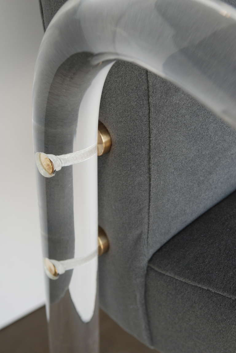 Set of Four 1970s Lucite and Grey Mohair Dining Chairs with Brass caps 3