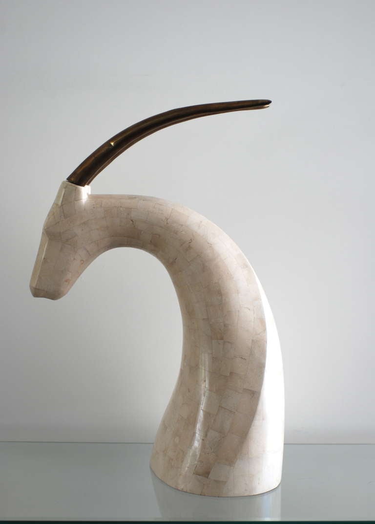 Modern Maitland Smith Style Ibex Gazelle Tessellated Stone and Brass Sculpture