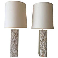 Pair of 1970s Brass and Raw Stone Table Lamps