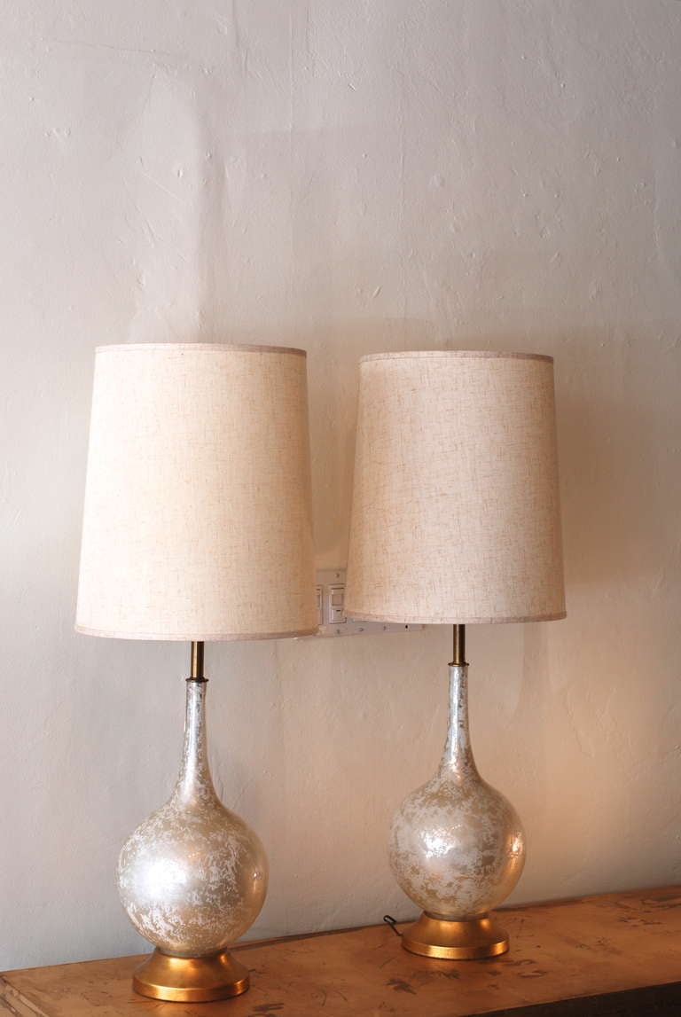 American Pair of White and Gold Crackle Glass Table Lamps