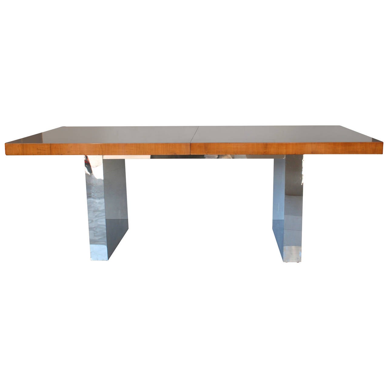 Milo Baughman Chrome and Wood Extension Dining Table to 10 