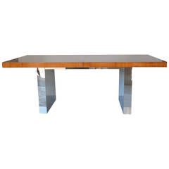 Milo Baughman Chrome and Wood Extension Dining Table to 10 Ft.
