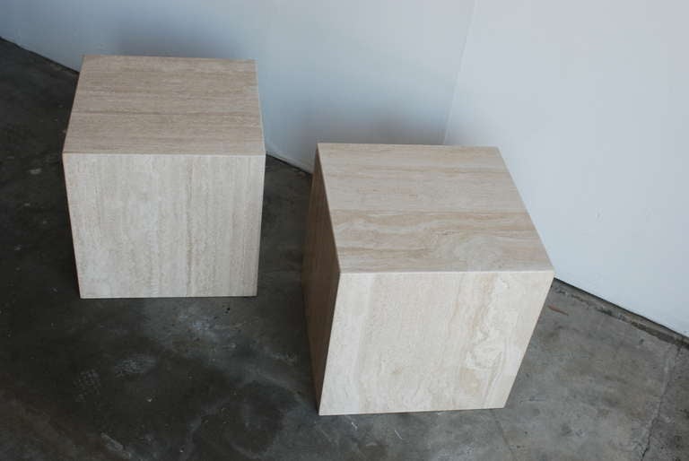 Mid-Century Modern Pair of Travertine  Cube End Tables