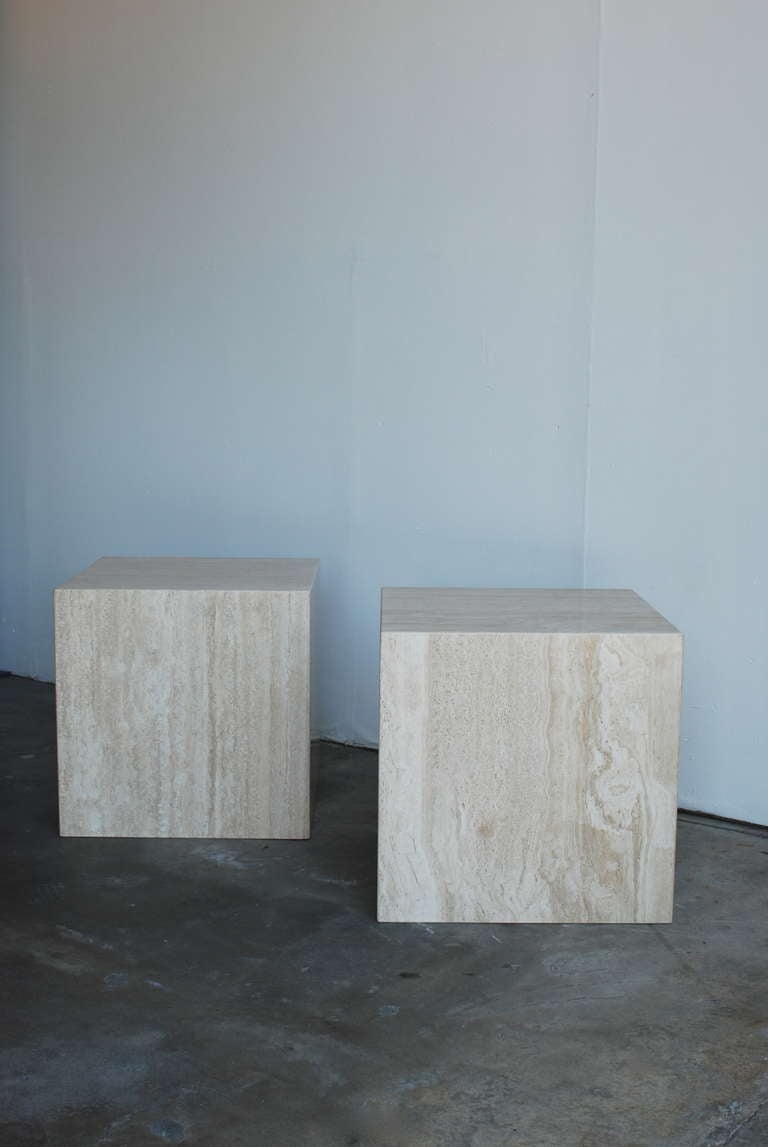 American Pair of Travertine  Cube End Tables
