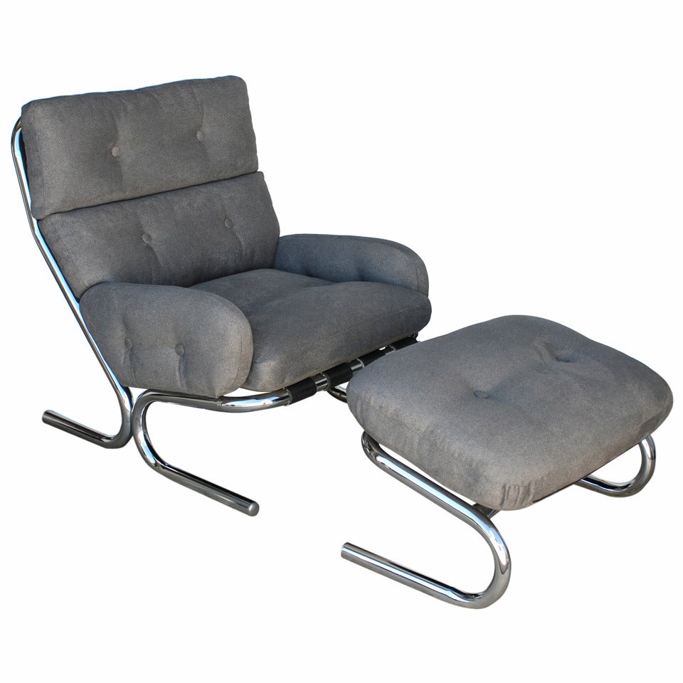 Directional 1970s Chrome and Grey Tubular Chair and Ottoman