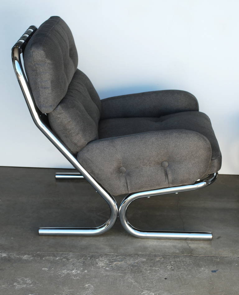 American Directional 1970s Chrome and Grey Tubular Chair and Ottoman