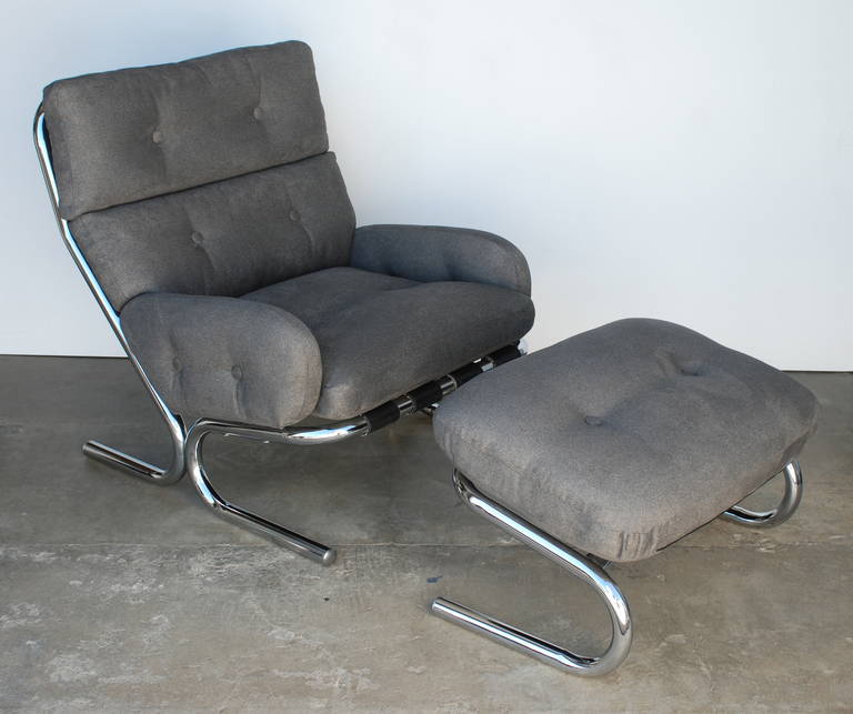 Late 20th Century Directional 1970s Chrome and Grey Tubular Chair and Ottoman