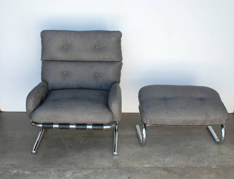 Directional 1970s Chrome and Grey Tubular Chair and Ottoman 1