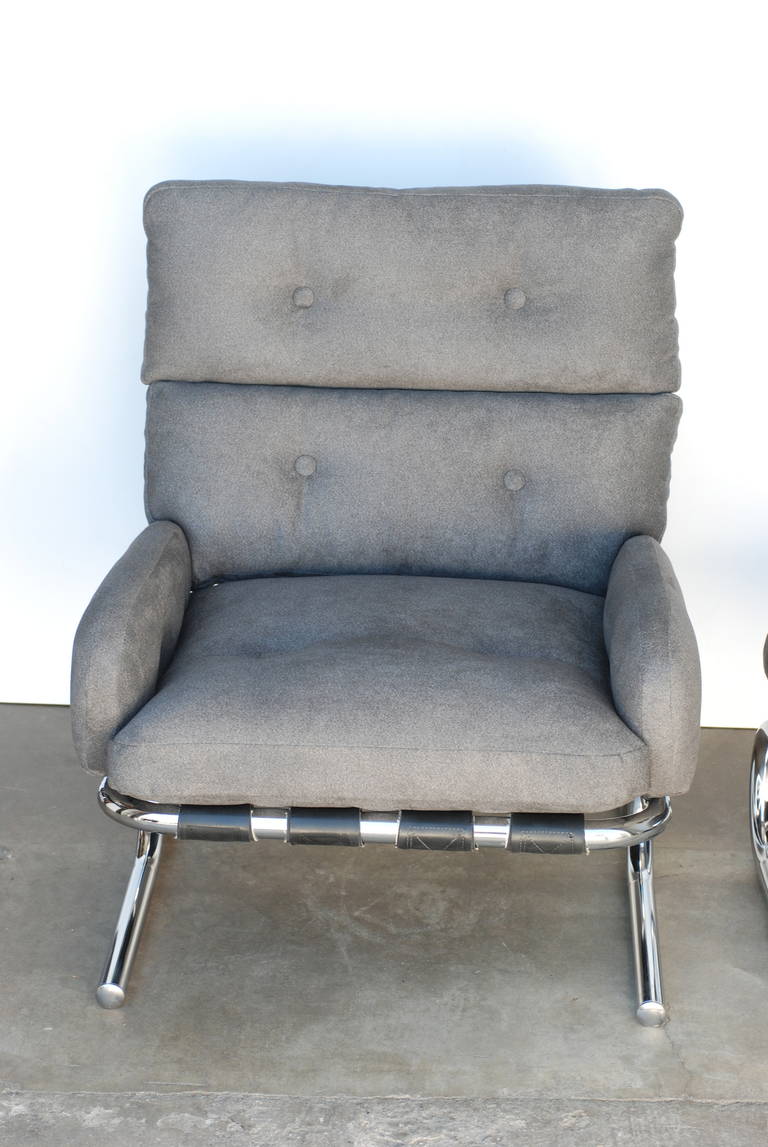 Directional 1970s Chrome and Grey Tubular Chair and Ottoman 2
