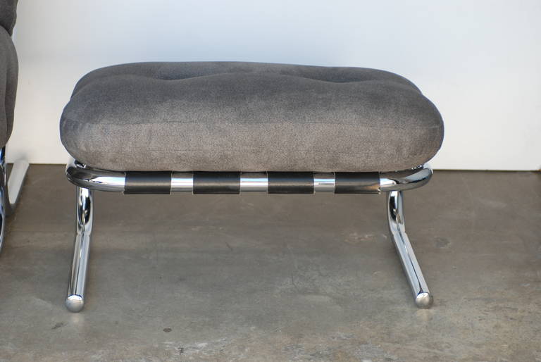 Directional 1970s Chrome and Grey Tubular Chair and Ottoman 4
