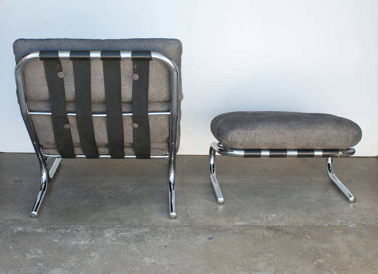 Directional 1970s Chrome and Grey Tubular Chair and Ottoman 3