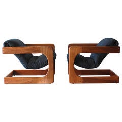Pair of Sculptural California Modern Walnut Sling Lounge Chairs by Lou Hodges