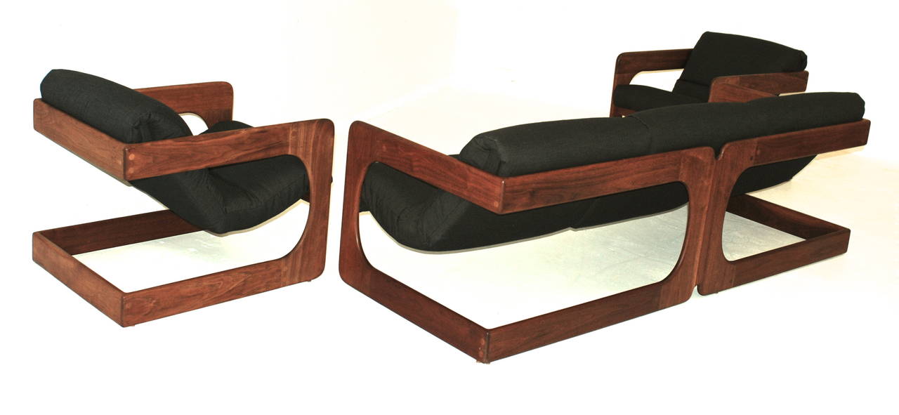 Fabric Pair of Sculptural California Modern Walnut Sling Lounge Chairs by Lou Hodges