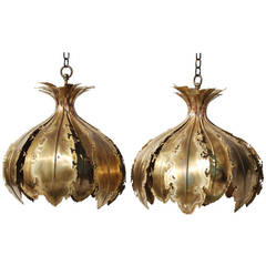 Pair of Brutalist Brass Swag or Pendant Lamps by Svend Aage Holm Sorensen