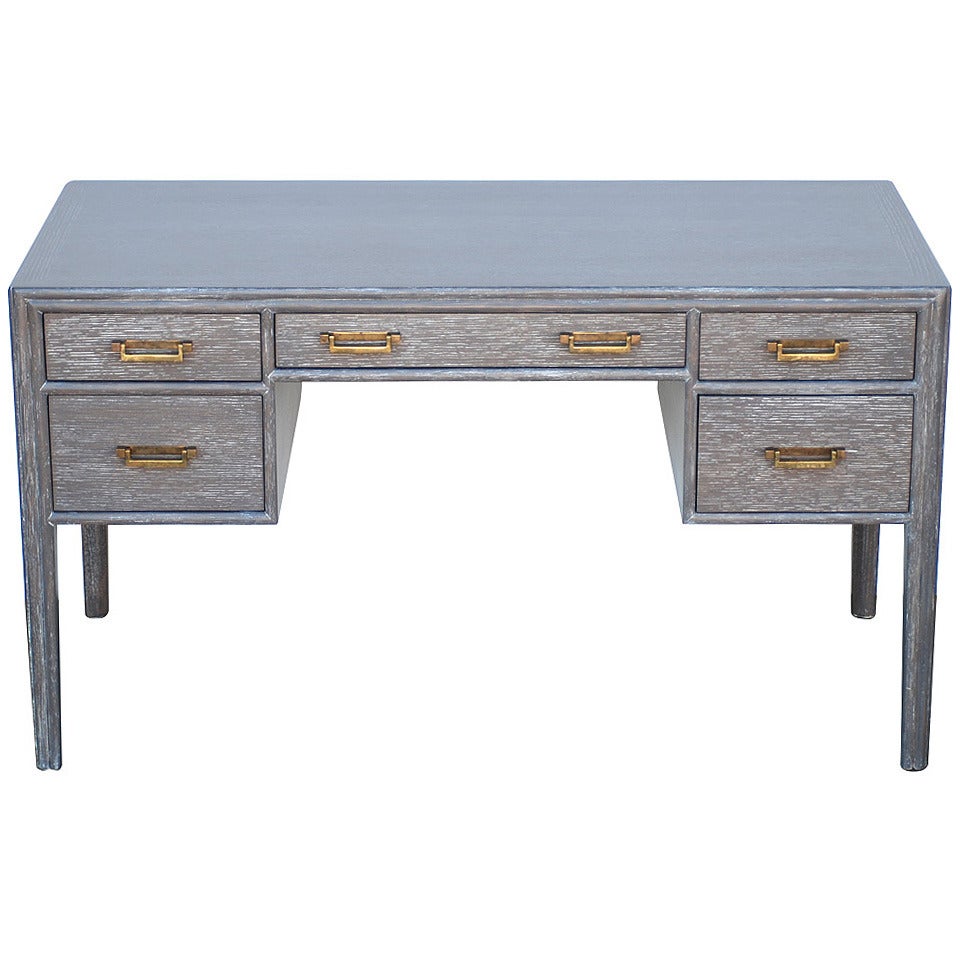 Grey Cerused Oak Desk with Brass Hardware