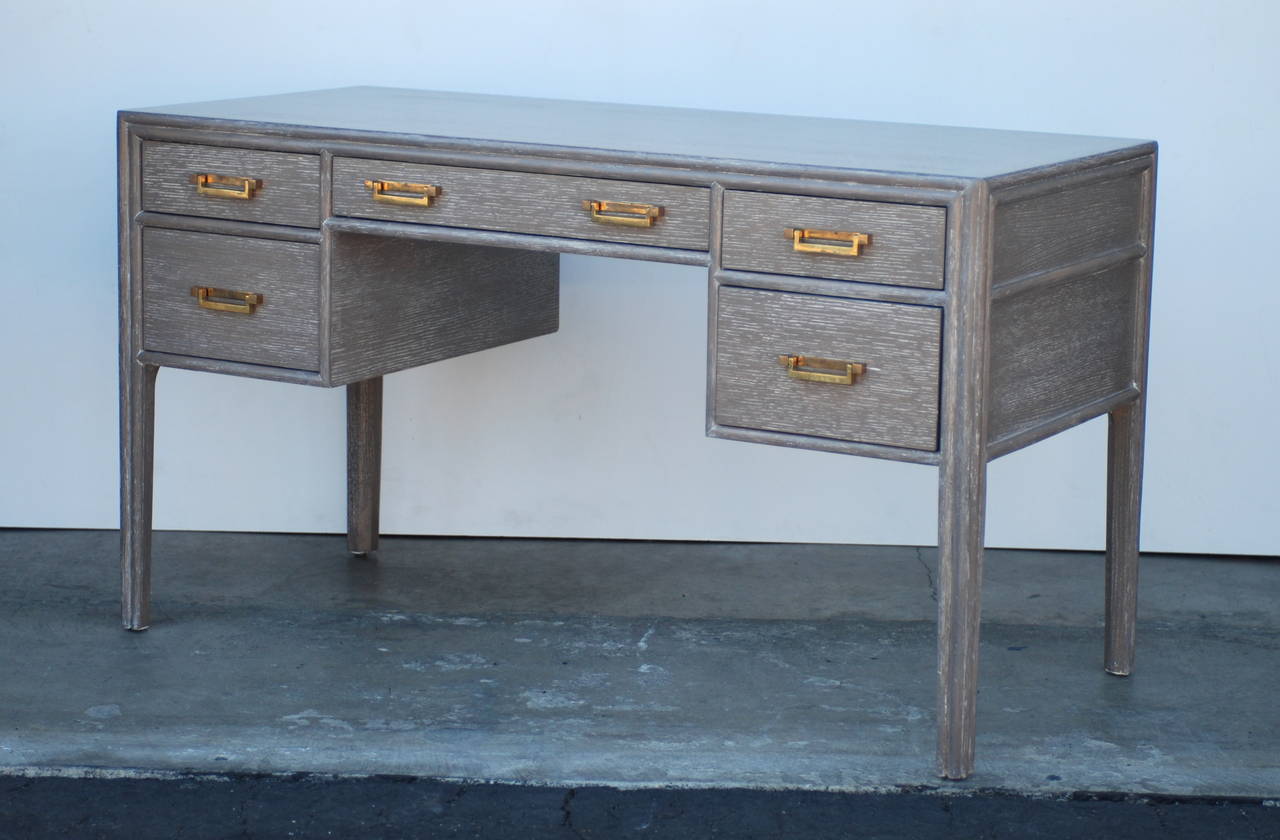 Grey Cerused Oak Desk with Brass Hardware In Excellent Condition In Palm Springs, CA