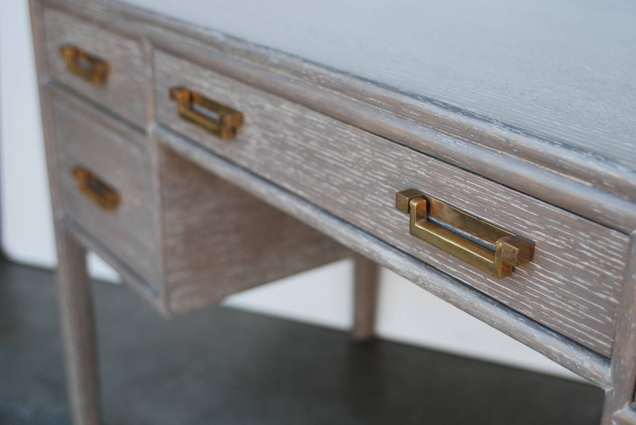 Grey Cerused Oak Desk with Brass Hardware 1