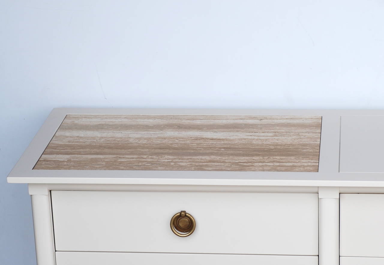 20th Century Bone White American of Martinsville Buffet or Dresser with Travertine Inlay