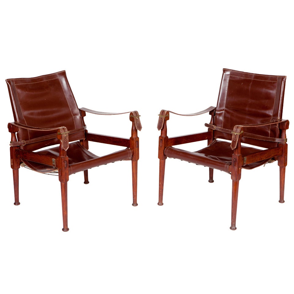 Pair of Teak and Leather Safari Chairs