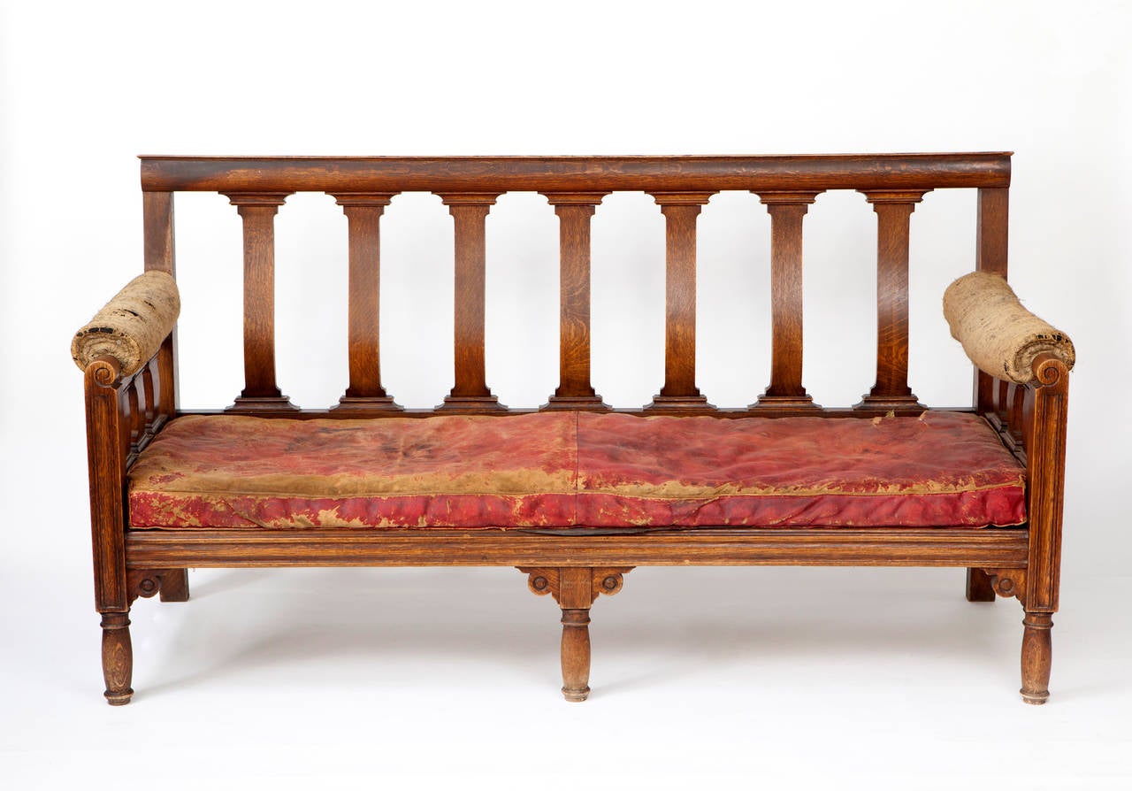 British English Oak and Leather Bench, circa 1860 For Sale