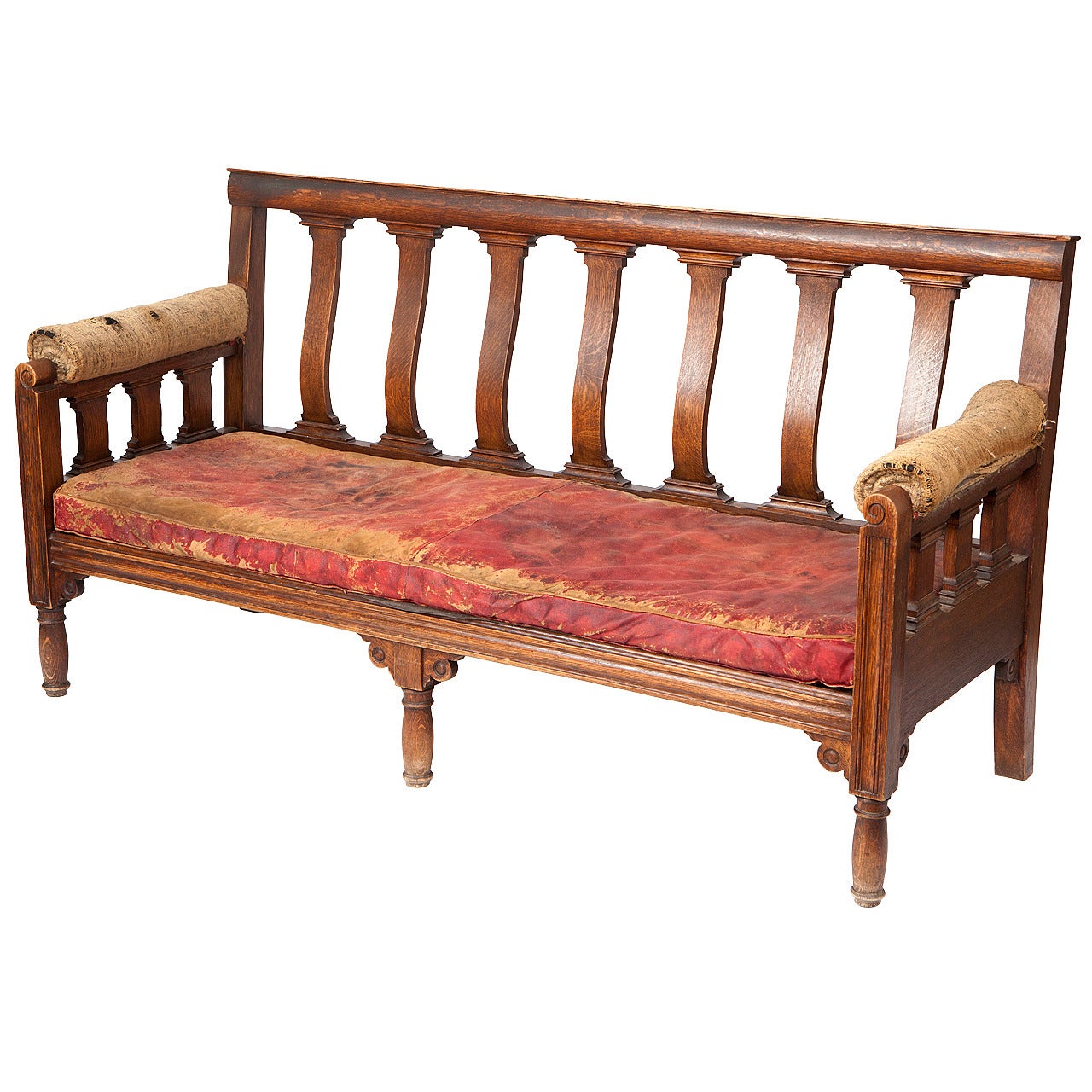 English Oak and Leather Bench, circa 1860 For Sale