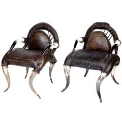 Buffalo Horn and Leather Amchairs