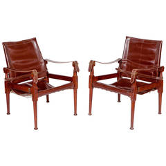 Pair of Teak and Leather Safari Chairs by Kaare Klint