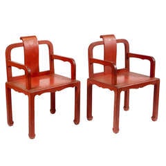 Superb Pair of Coral Lacquered Armchairs