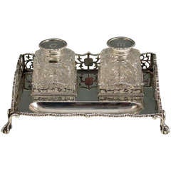 Victorian Antique Silver Two Bottle Pierced Galleried Ink Stand