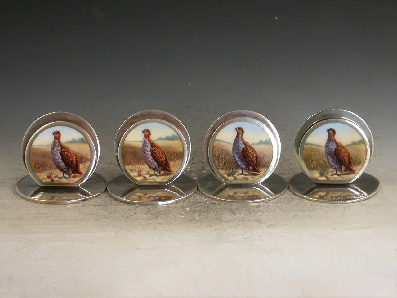 Set 4 Edwardian Silver & Enamel Game Bird Menu Holders - English Partridges