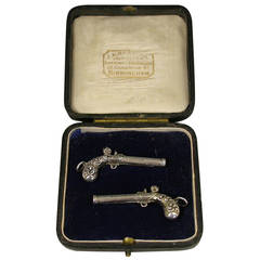 Antique Cased Pair Victorian Novelty Silver Duelling Pistol Propelling Pencils