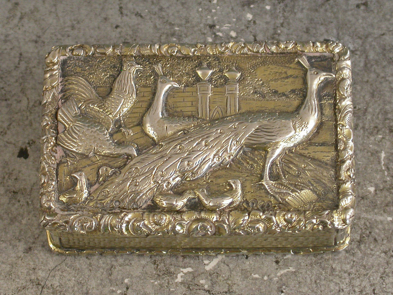 William IV Silver Gilt Peacocks & Chickens in Parkland Vinaigrette