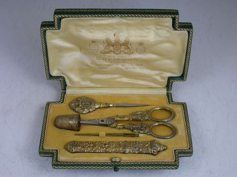Vermeil Fine Early 20th Century Cased French Silver Gilt Sewing Etui