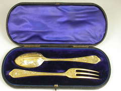 Antique Victorian Cased Silver Gilt Dognose Pattern Christening Spoon & Fork