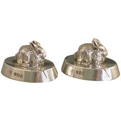 Pair Edwardian Antique Cast Silver Rabbit Menu Holders