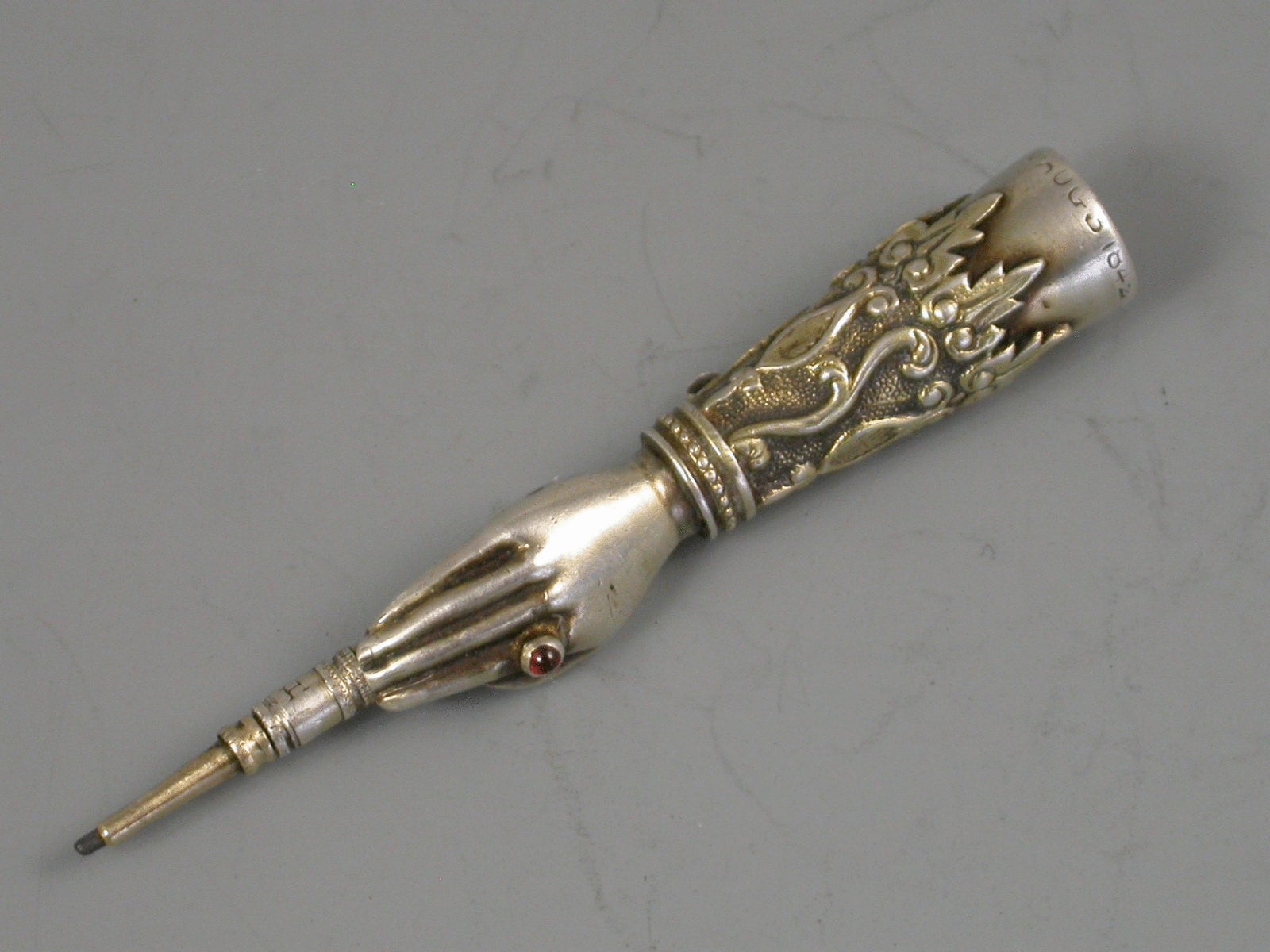 Early Victorian Novelty Parcel Gilt Hand Pencil Dated Registered Design 