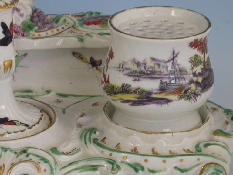 Derby Inkstandish Painted with Landscape Scenes & Insects