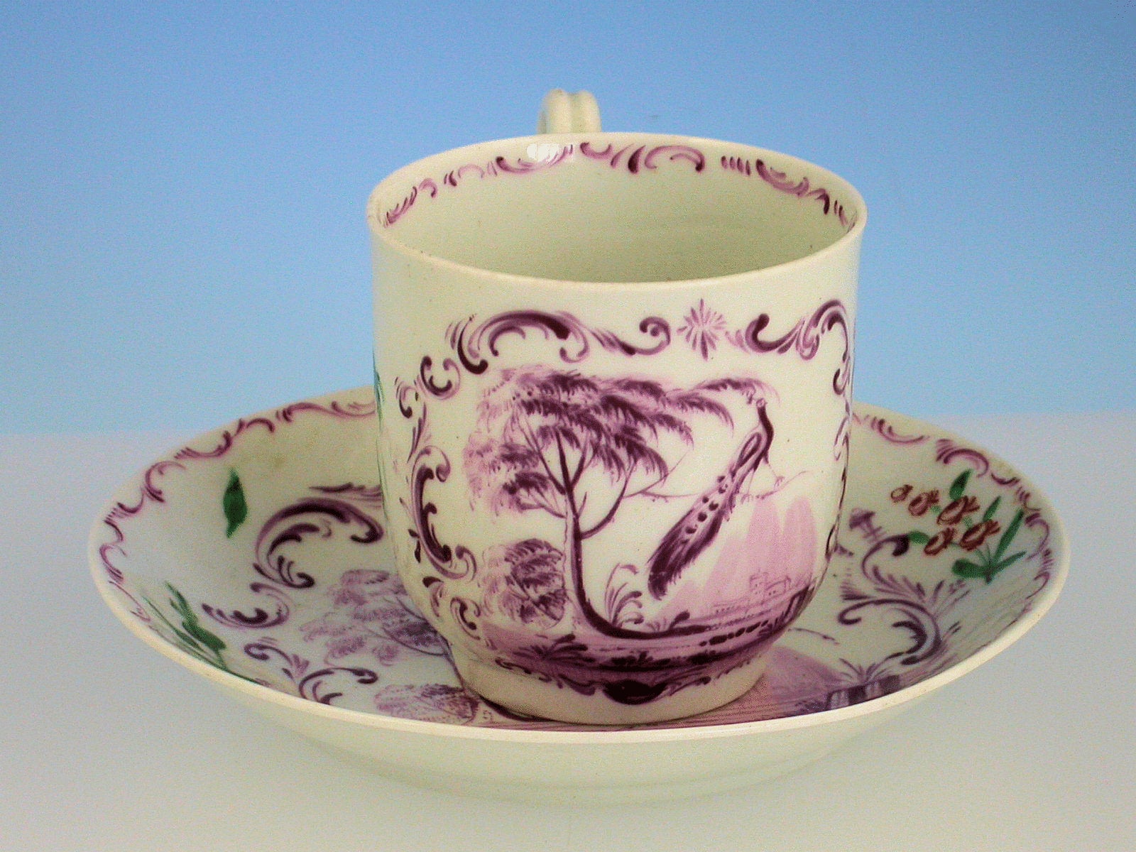 Rare Early Worcester Peacock Coffee Cup and Saucer