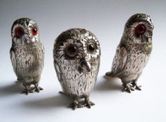 Matched Set of 3 Owl Condiment Pots Mustard & Peppers 