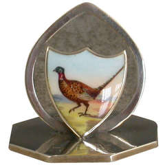 Edwardian Silver & Enamel Menu Holder - Cock Pheasant