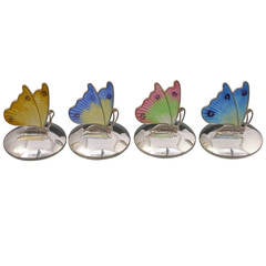 Vintage Set Four George V Silver and Enamel Butterfly Menu Holders