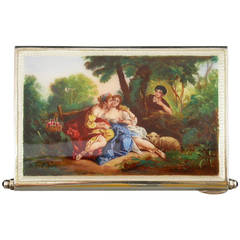 Early 20th Century Continental Silver and Enamel Minaudiere with Pastoral Scene