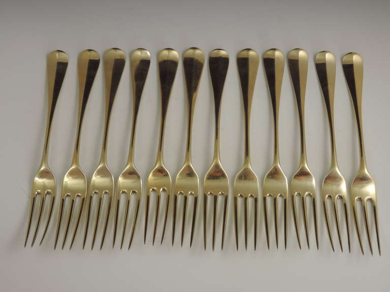 Composed Set 12 Victorian Silver Gilt Hanovarian 3 Prong Dessert Forks