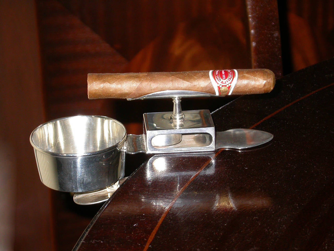 Pair of Edwardian Silver ClipOn Ash Trays with Cigar Rests and Match