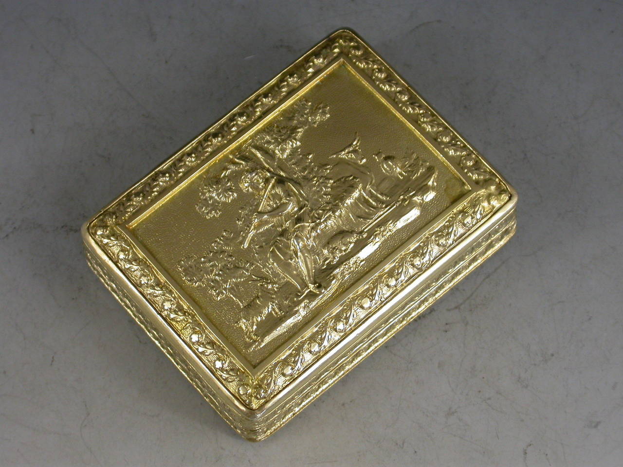 English George III Silver Gilt 'Shepherd Boy' Vinaigrette Box with Swan Decorated Grille