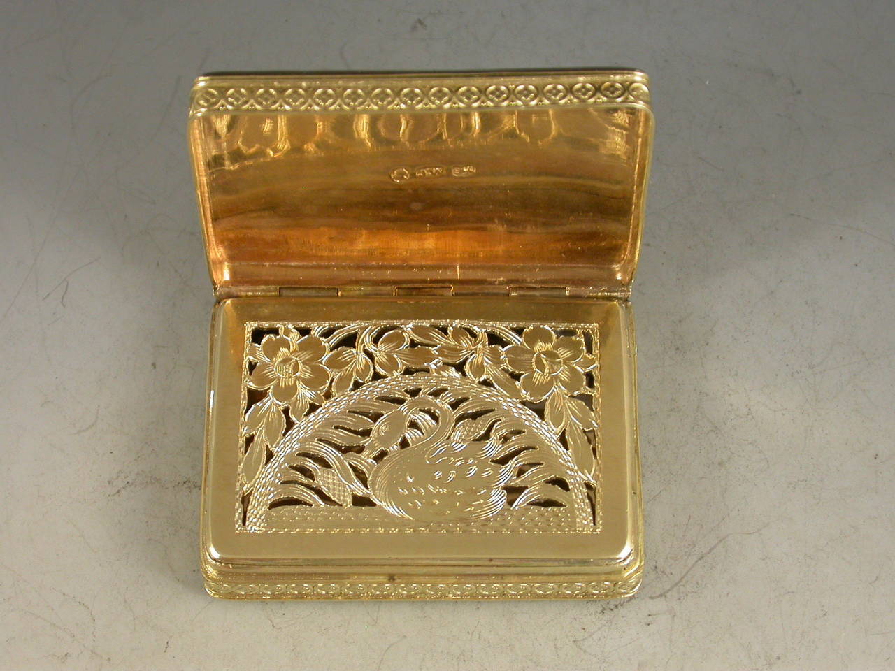 19th Century George III Silver Gilt 'Shepherd Boy' Vinaigrette Box with Swan Decorated Grille