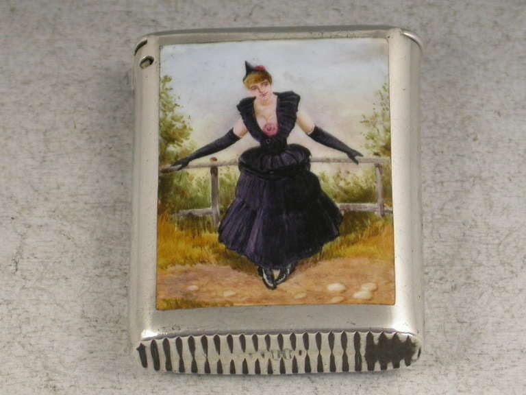 Antique Victorian Silver and Enamel Vesta Case 'Glamorous Lady'